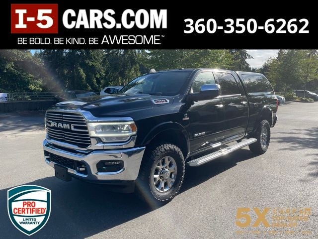 2019 RAM 2500 Laramie in Diamond Black Crystal Pearlcoat — front three-quarter view
