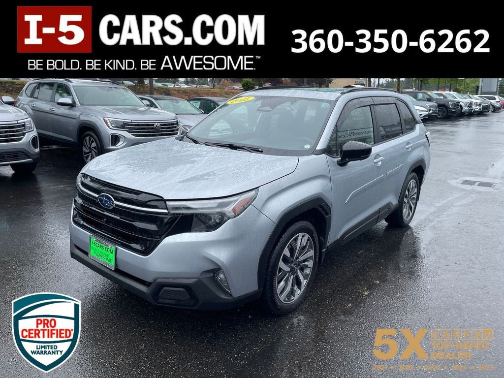 2025 Subaru Forester Touring in Ice Silver Metallic — front three-quarter view