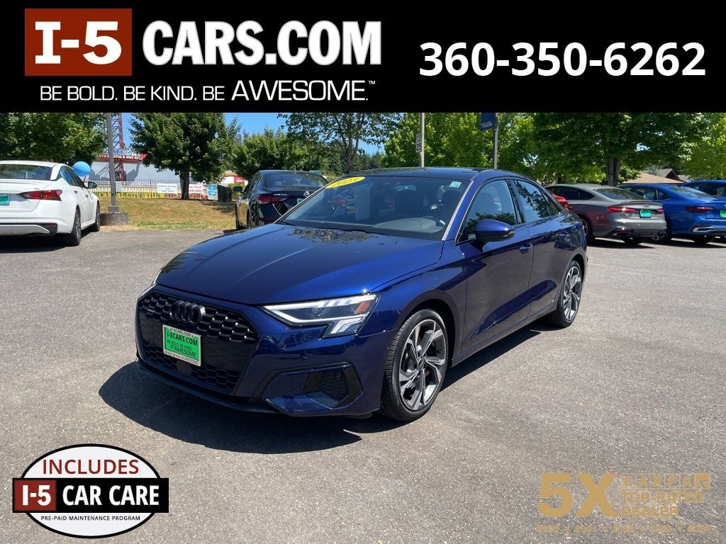 2023 Audi A3 40 Premium Plus quattro in Blue Metallic — front three-quarter view