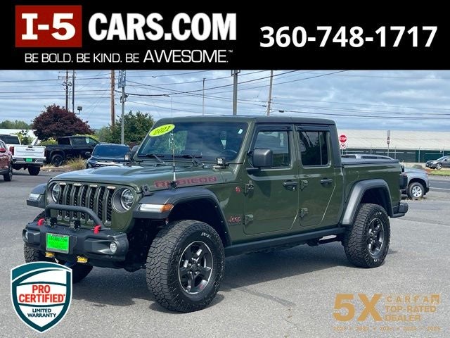 2021 Jeep Gladiator Rubicon in Sarge Green — front three-quarter view
