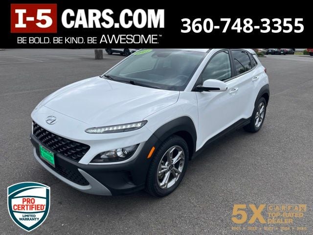 2023 Hyundai Kona SEL in Lunar White — front three-quarter view
